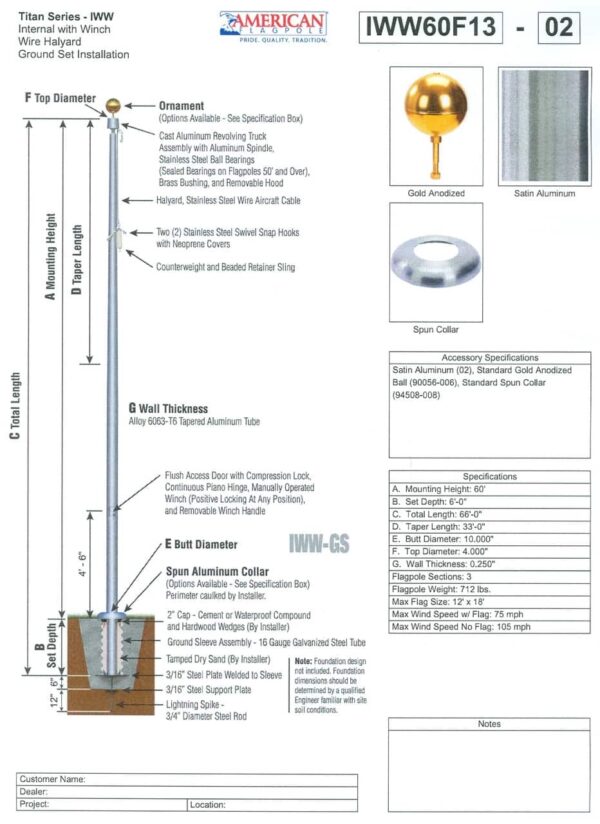 60' Commercial Tapered Flagpole Internal Halyard Flag Pole and 12X18' American Flag - Image 2
