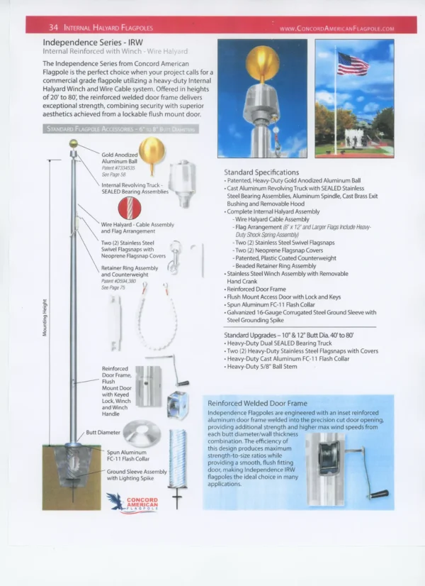 35' One Piece Aluminum Internal Halyard, Commercial Tapered Flag Pole - Image 2