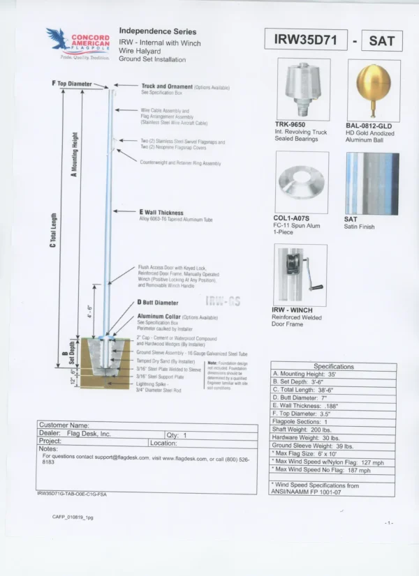 35' One Piece Aluminum Internal Halyard, Commercial Tapered Flag Pole - Image 3