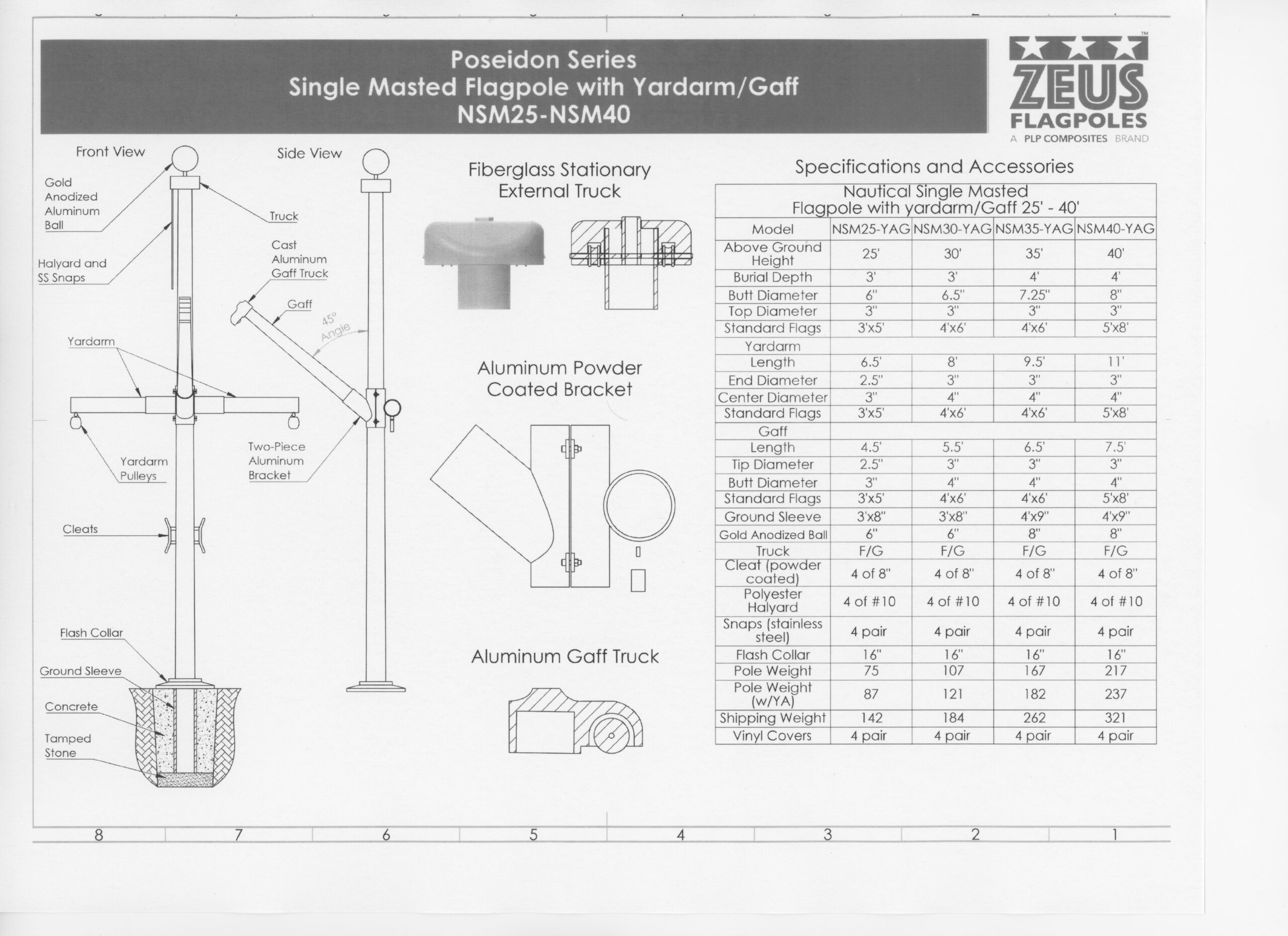 Zeus Nautical Flagpoles with Yardarm and Gaff 25' to 60' Exposed Heights - Image 2