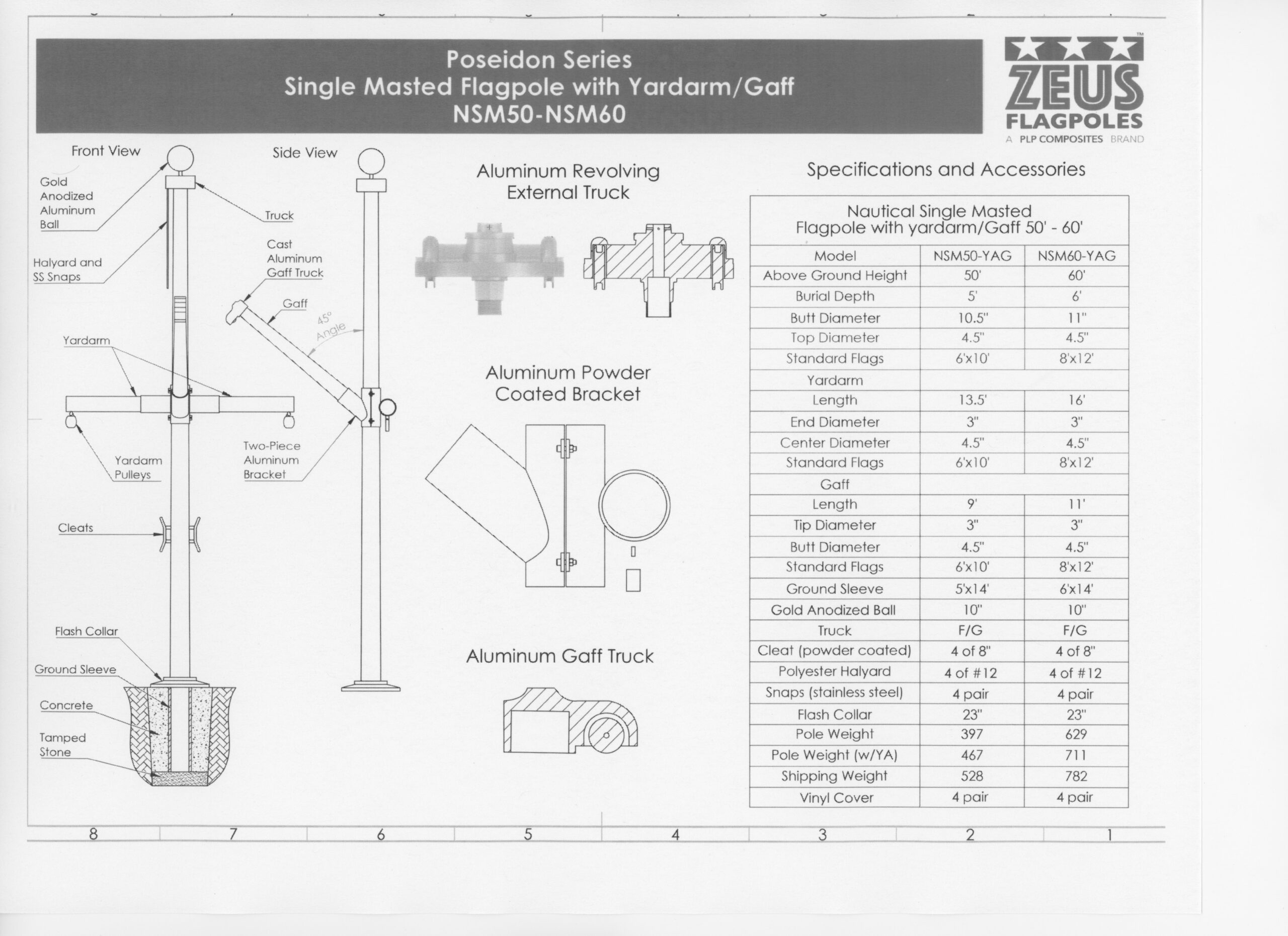 Zeus Nautical Flagpoles with Yardarm and Gaff 25' to 60' Exposed Heights - Image 3